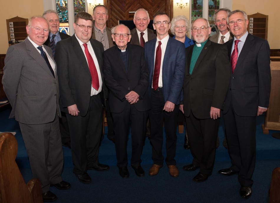 Edlers and mininsters at the Trenta Presbyterian Church's 180th Anniversary Serviceon Sunday the 8th of May. Front from left Rev. Ivan Hunter, Rev. Thomas Bruce, Rev. Allister Kerr, Rev. William McCully, Rev. Joe Mccormick and Rev. Joe Fells. Back from left John McMahon, Alan Alexander, Samuel Wasson, Jean Rankin and Robert Rankin. Photo Clive Wasson